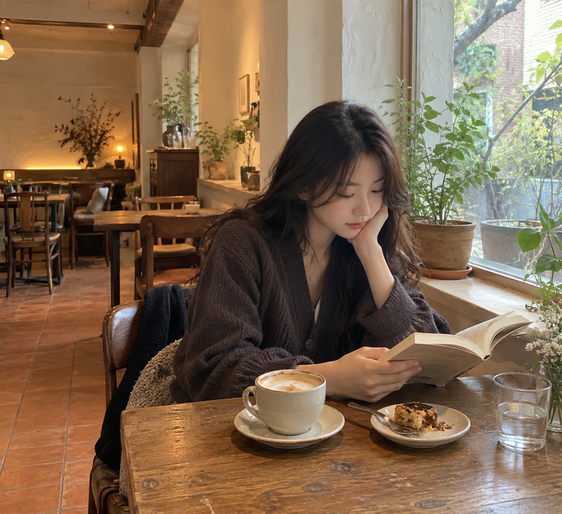 창가 자리에서 책을 읽는 손님